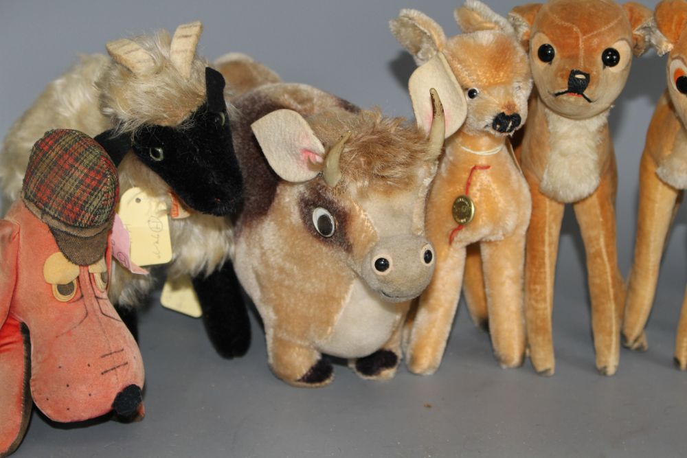 A group of vintage Steiff and other soft toy animals